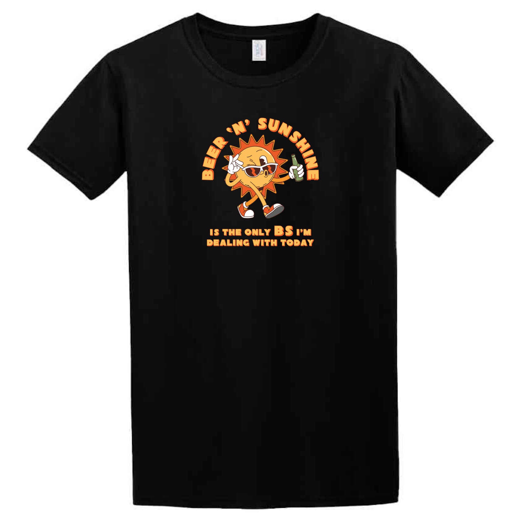 Introducing the Beer 'N' Sunshine T-Shirt by Twisted Gifts – a fun black tee showcasing a cartoon sun character with a beer, accompanied by the cheeky phrase "Beer 'N' Sunshine is the only B.S. I'm dealing with today." Crafted from high-quality materials, it's ideal for anyone who loves adding humor to their wardrobe.