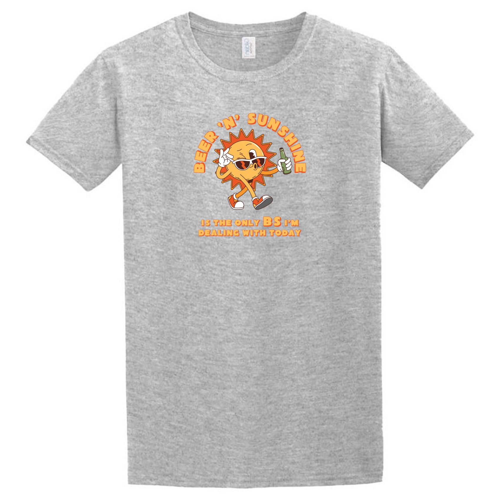 The Beer 'N' Sunshine T-Shirt from Twisted Gifts features a playful gray design with an illustration of a cheerful sun holding a beer and the text "Beer 'N' Sunshine is the only BS I'm dealing with today." Crafted from high-quality materials, this t-shirt ensures both comfort and durability.