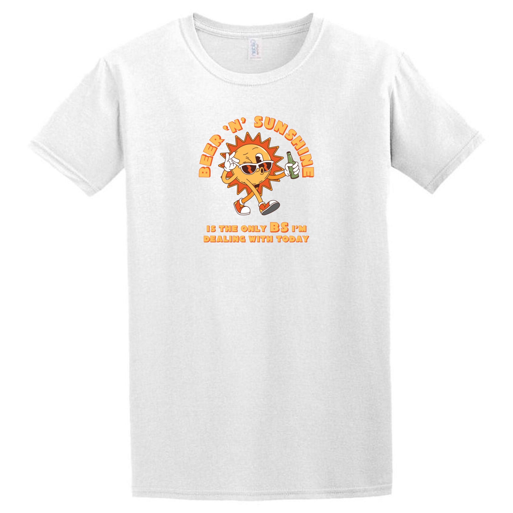 Twisted Gifts' Beer 'N' Sunshine T-Shirt features a white design with a playful graphic of a smiling sun holding a beer, alongside the text "Beer 'n' Sunshine is the only BS I'm dealing with today" in vibrant orange and yellow. Crafted from high-quality materials, this t-shirt ensures comfort and style for those easygoing days.