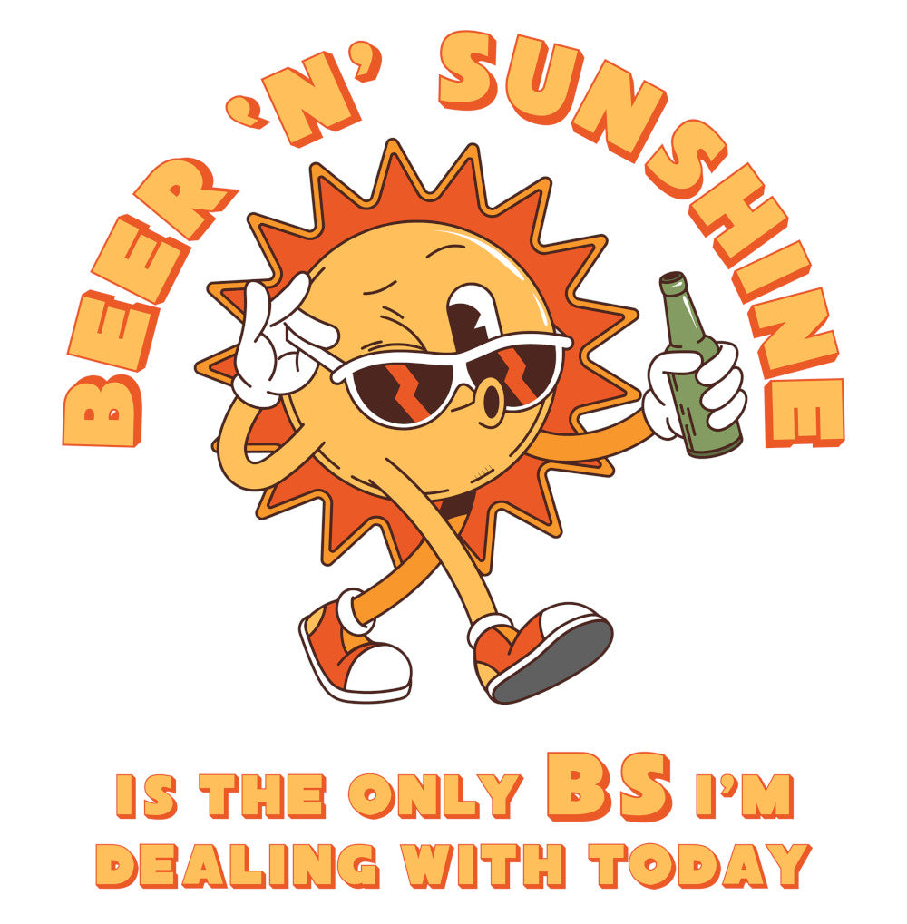 The Beer 'N' Sunshine T-Shirt by Twisted Gifts features a whimsical design of a sun donning sunglasses, confidently holding a beer bottle, and strolling in a playful t-shirt. The text "Beer 'N' Sunshine is the only BS I'm dealing with today" adds to its cheeky charm. Crafted from high-quality materials, this t-shirt ensures ultimate comfort and style.