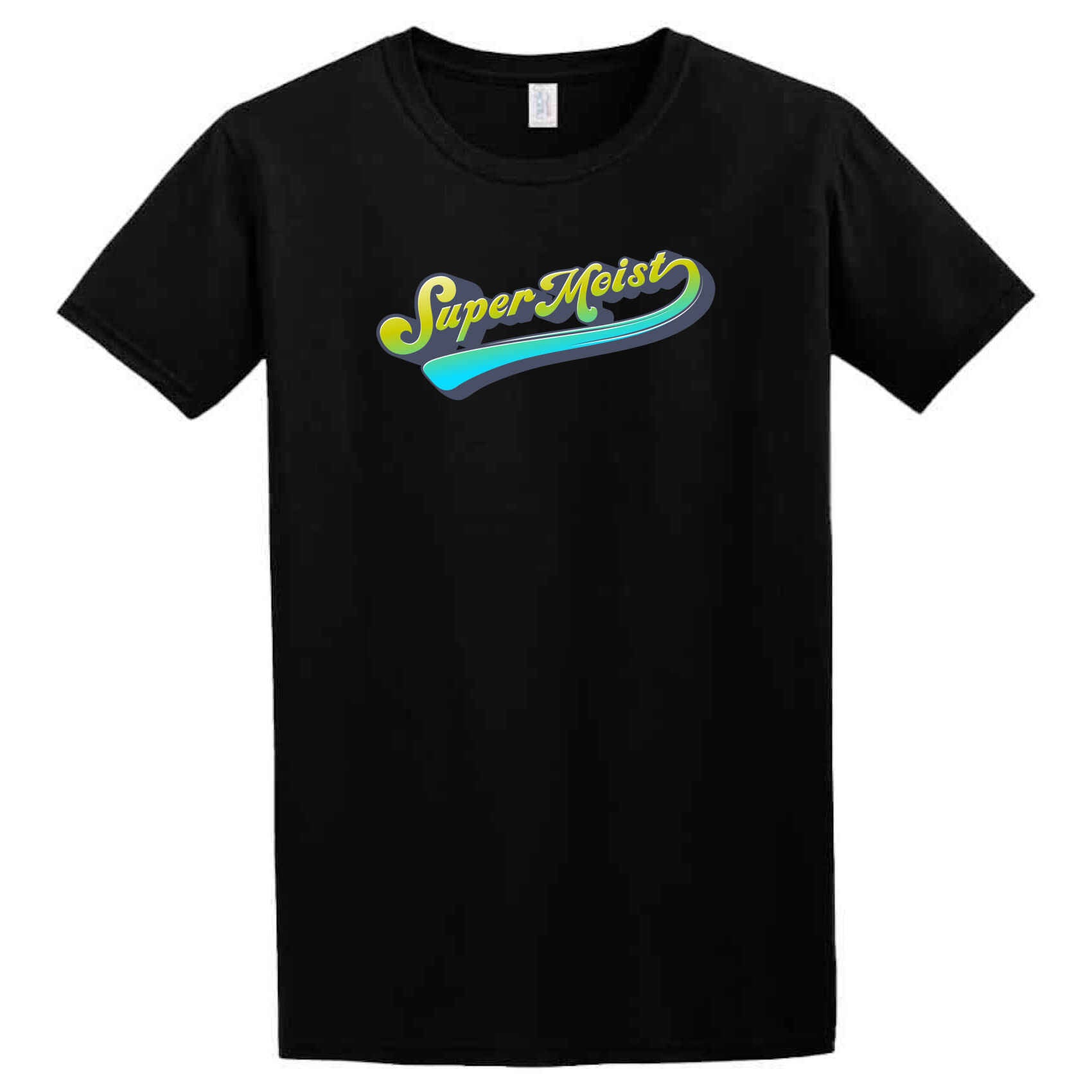 A black T-shirt dubbed the "Super Moist T-Shirt" by Twisted Gifts, featuring the words "Super Moist" in vibrant, wavy text on the front—ideal as a humorous tee for those who appreciate good beers and sunshine.