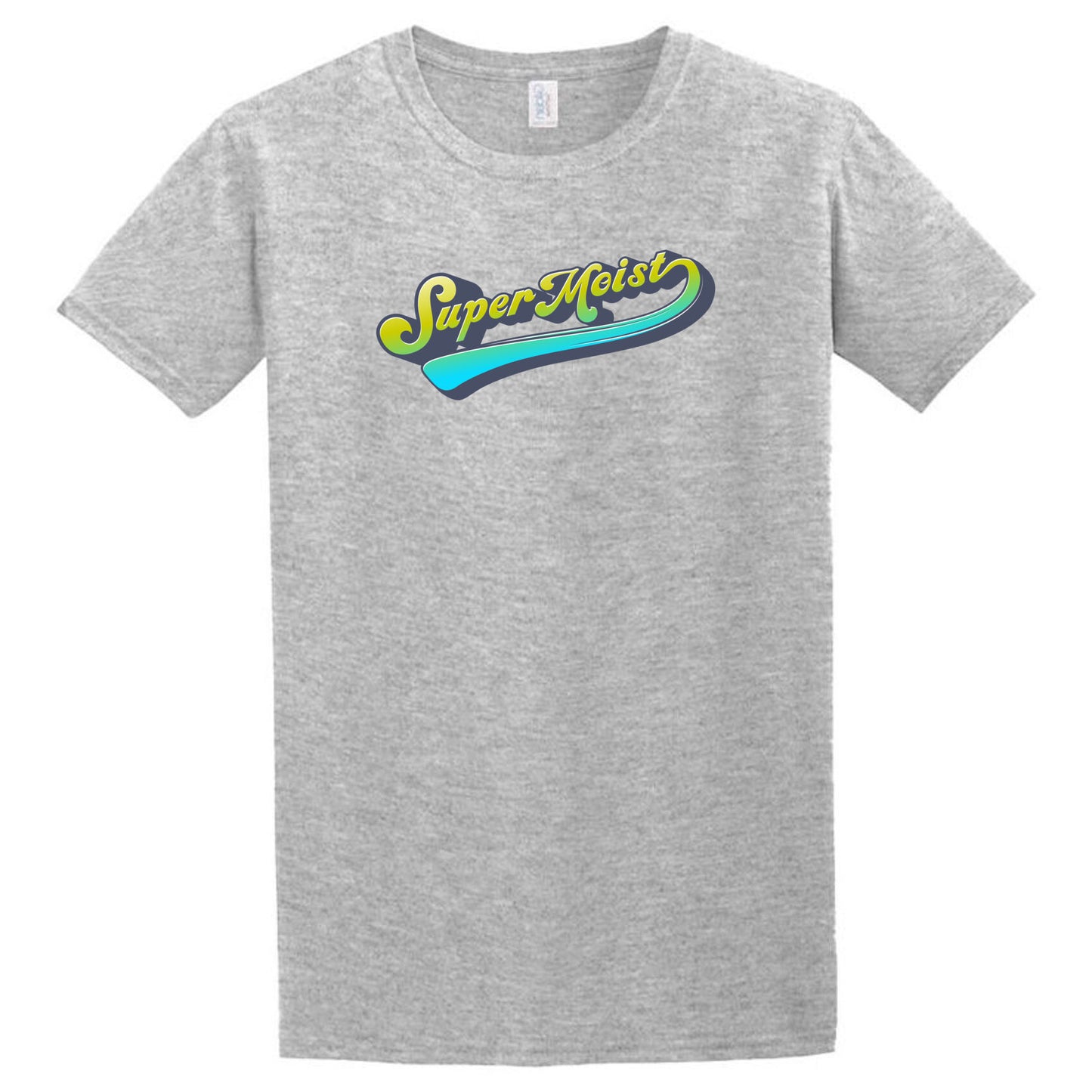 Twisted Gifts' Super Moist T-Shirt features a gray background with the phrase "Super Moist" written in a colorful, stylized font on the front—perfect for those who love a funny tee.