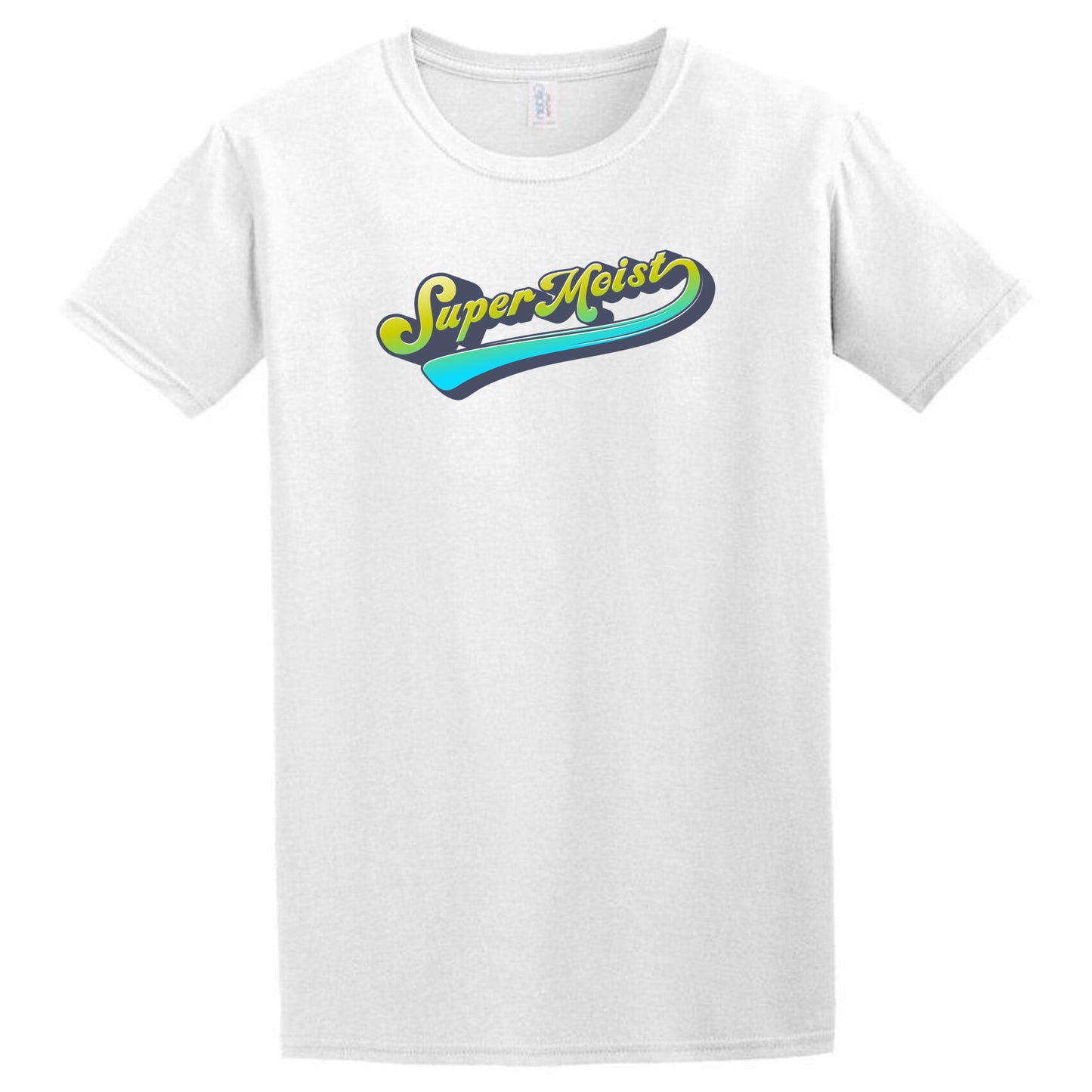 The Super Moist T-Shirt by Twisted Gifts is a white tee featuring the words "Super Moist" in stylized green, yellow, and turquoise text across the chest. Perfect as a funny shirt for casual days, it pairs effortlessly with good beers and laughter.