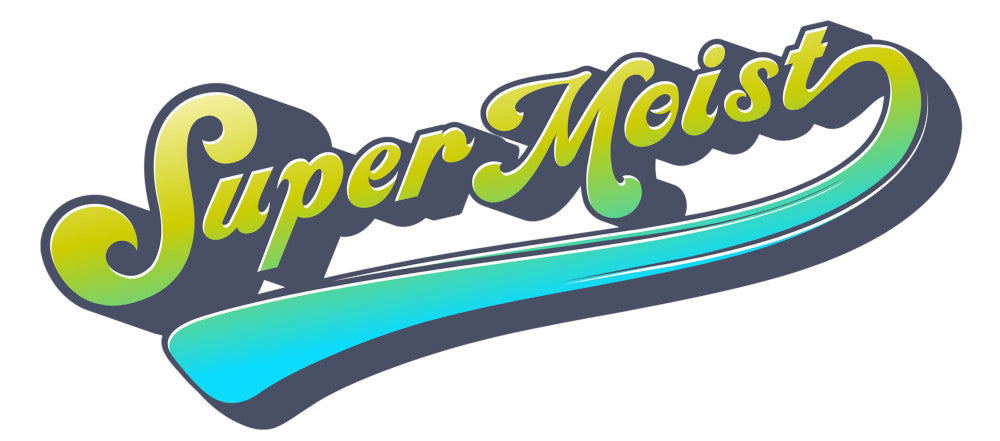 Super Moist" text logo in gradient shades of green and blue with a swirled underline, perfect for your Twisted Gifts Super Moist T-Shirt.