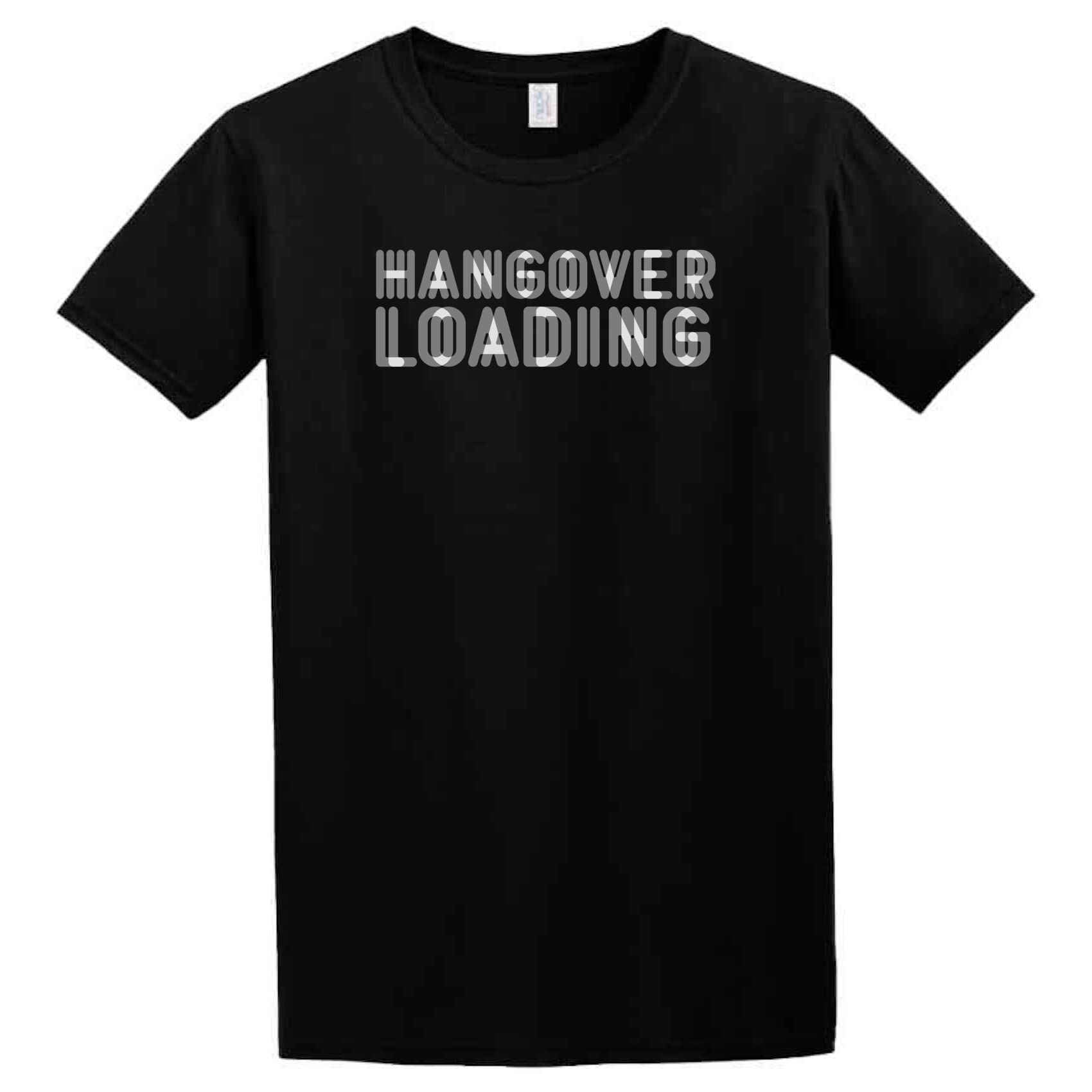 A black Hangover Loading T-Shirt from Twisted Gifts, featuring the text "HANGOVER LOADING" in a stylized font across the front. Perfect for recovering from a wild night out, this tee is crafted from soft fabric for ultimate comfort.