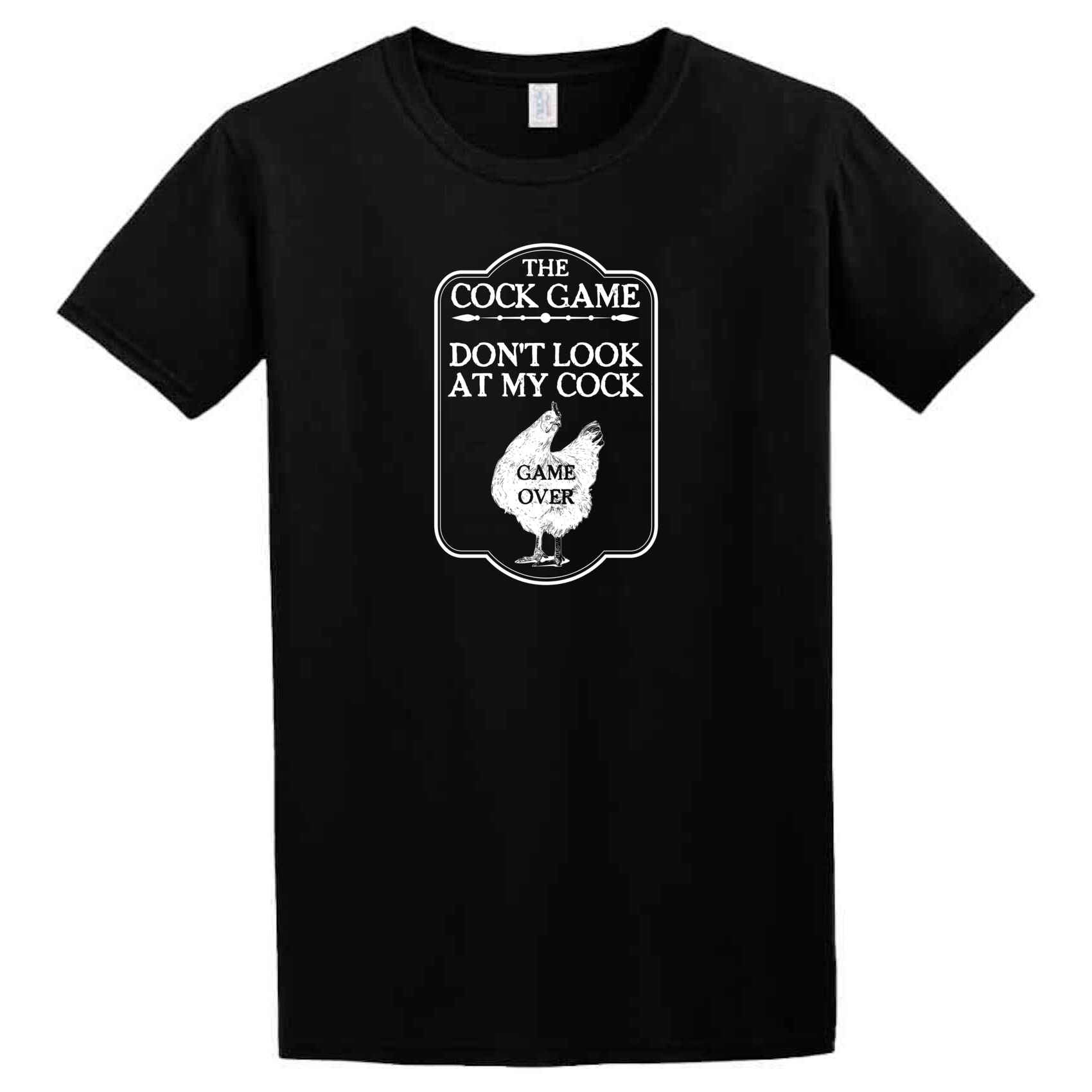 A black "Cock Game T-Shirt" by Twisted Gifts showcases the text "The Cock Game, Don't Look At My Cock, Game Over" along with a rooster illustration, crafted from comfortable fabric perfect for those Hangover Loading days.