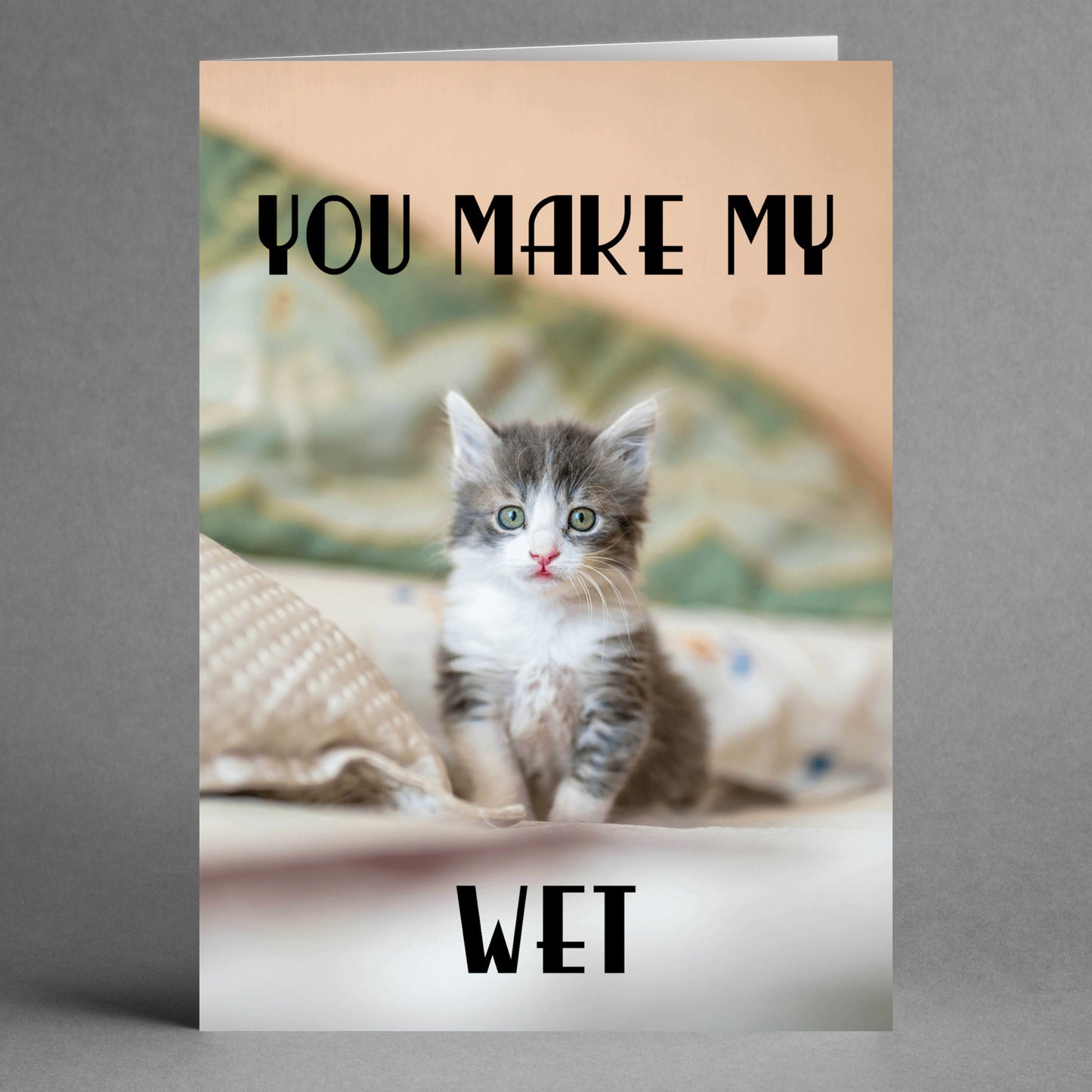 A kitten lounges on a bed on the Wet Rude Valentine's Card by Twisted Gifts, featuring the playful message "You make my heart sing" at the top.