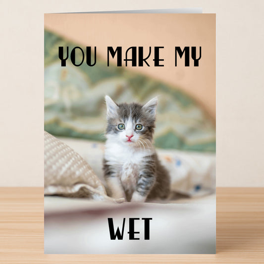The Wet Rude Valentine's Card by Twisted Gifts features a playful kitten on a bed and the cheeky phrase “YOU MAKE MY WET” above and below the image, adding humor to your Valentine’s Day message.