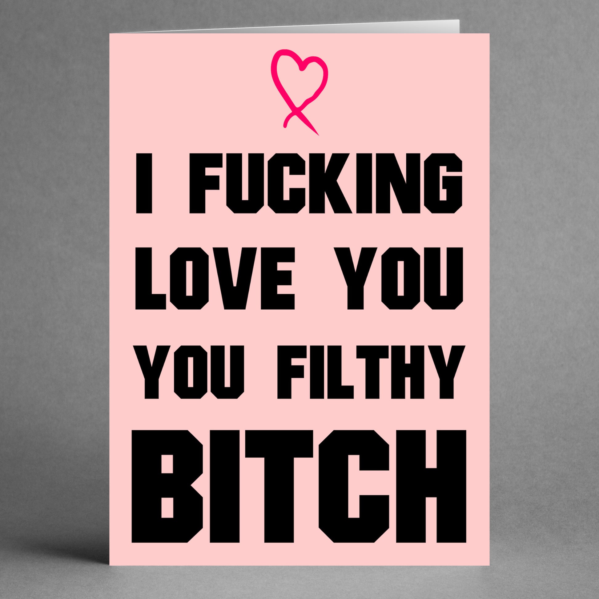 The Filthy Bitch Rude Greeting Card from Twisted Gifts showcases a pink background adorned with a red heart and bold black text that reads, "I FUCKING LOVE YOU YOU FILTHY BITCH." Ideal for those who enjoy humor and candor, this card is the perfect way to express unapologetic affection on Valentine's Day.