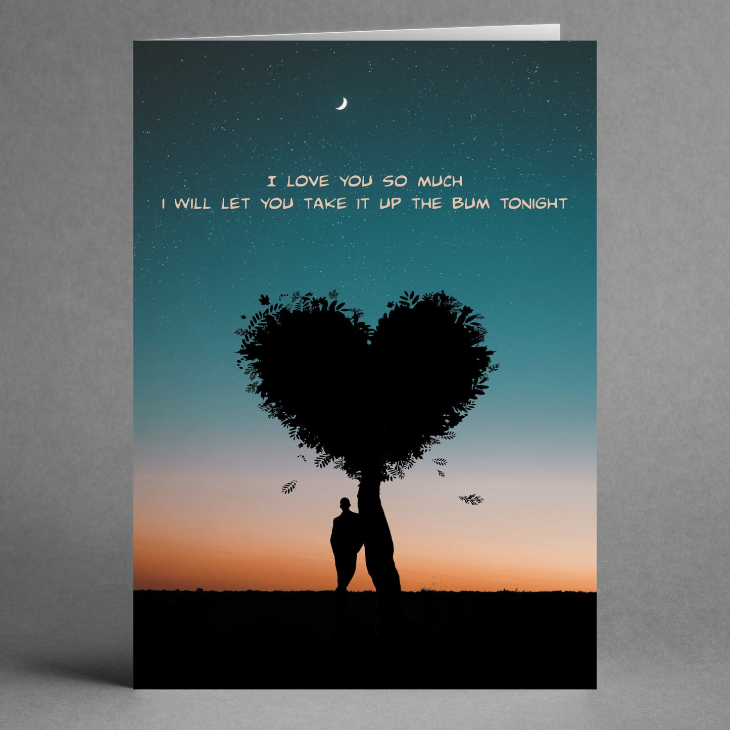 A silhouette of a couple stands by a heart-shaped tree under the twilight sky, with playful text above them that says: "I love you so much I will let you take it up the bum tonight." This quirky Valentine's card from Twisted Gifts, named "I Will Let You Rude Valentine's Card," is sure to bring a smile!