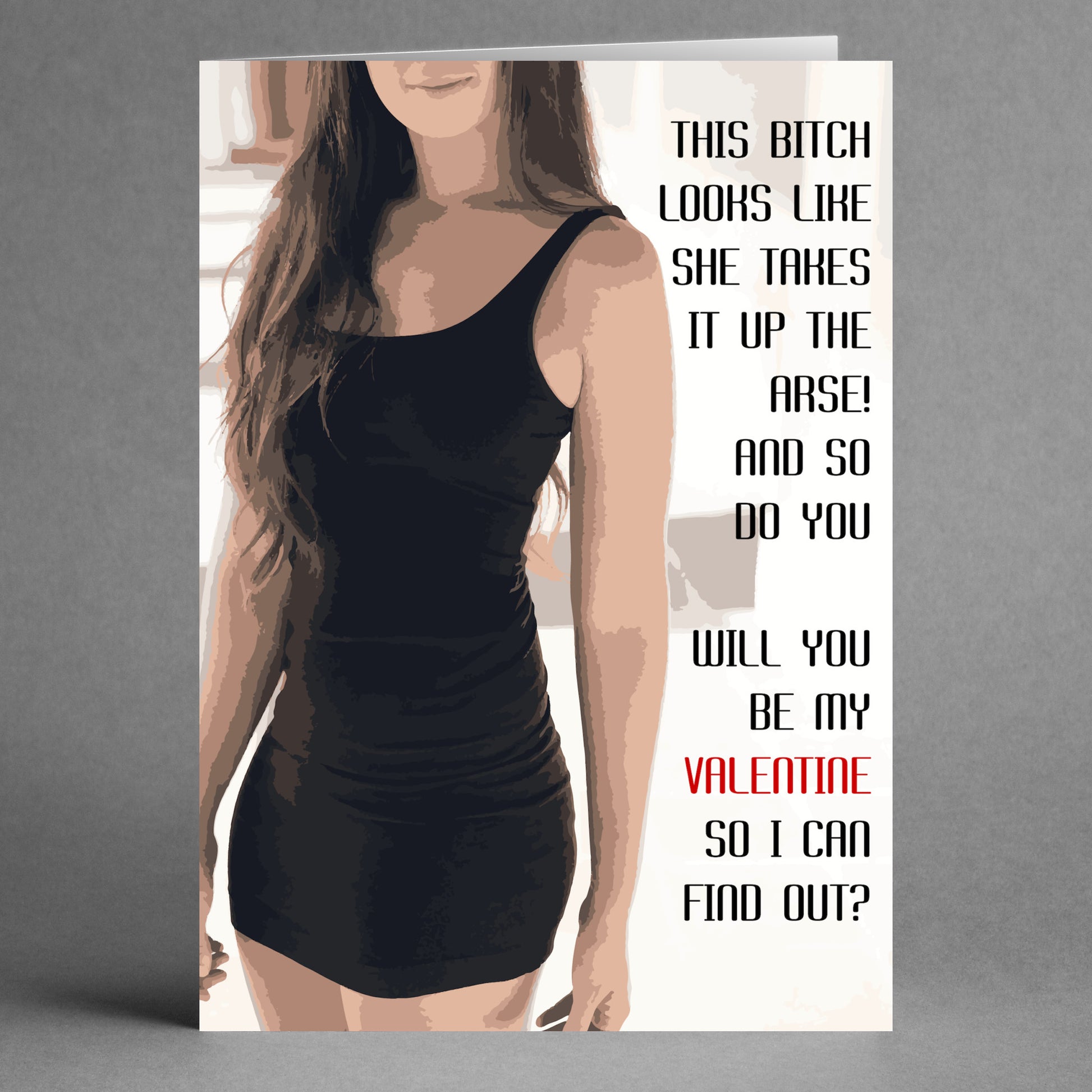 A Twisted Gifts card titled "This Bitch Twisted Valentine's Card" shows a woman in a black dress, adorned with the cheeky message "Will you be my Valentine so I can find out?" in striking bold red and black text.