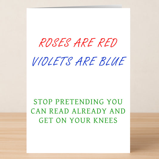 The Roses Knees Twisted Valentine's Card from Twisted Gifts features "Roses are red" in red, "Violets are blue" in blue, and a cheeky punchline in green—a bold limited edition for those with a twisted sense of humor!.