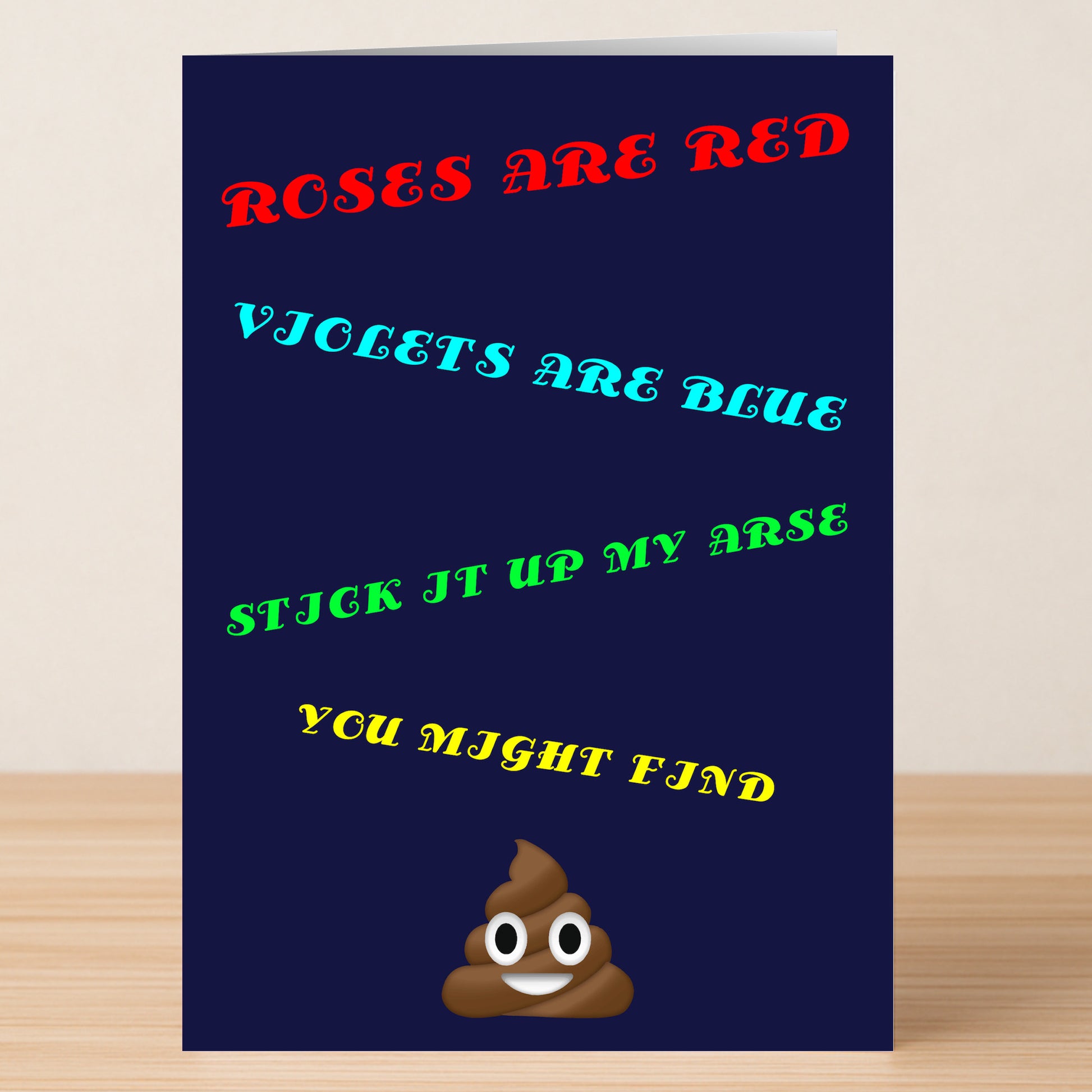 The Poo Rude Valentine's Card by Twisted Gifts features colorful text with a funny "Roses are red, violets are blue" twist, a cheeky message, and a cartoon poop emoji at the bottom.