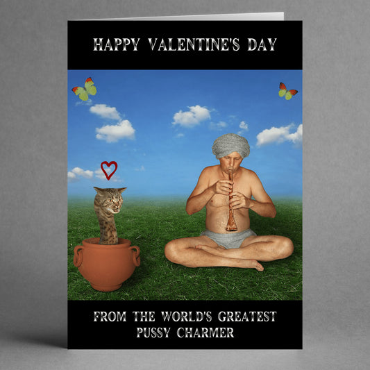 The Charmer Funny Valentine's Card by Twisted Gifts has a playful tone, showcasing a humorous scene of a man playing a flute to charm a cat emerging from a pot.