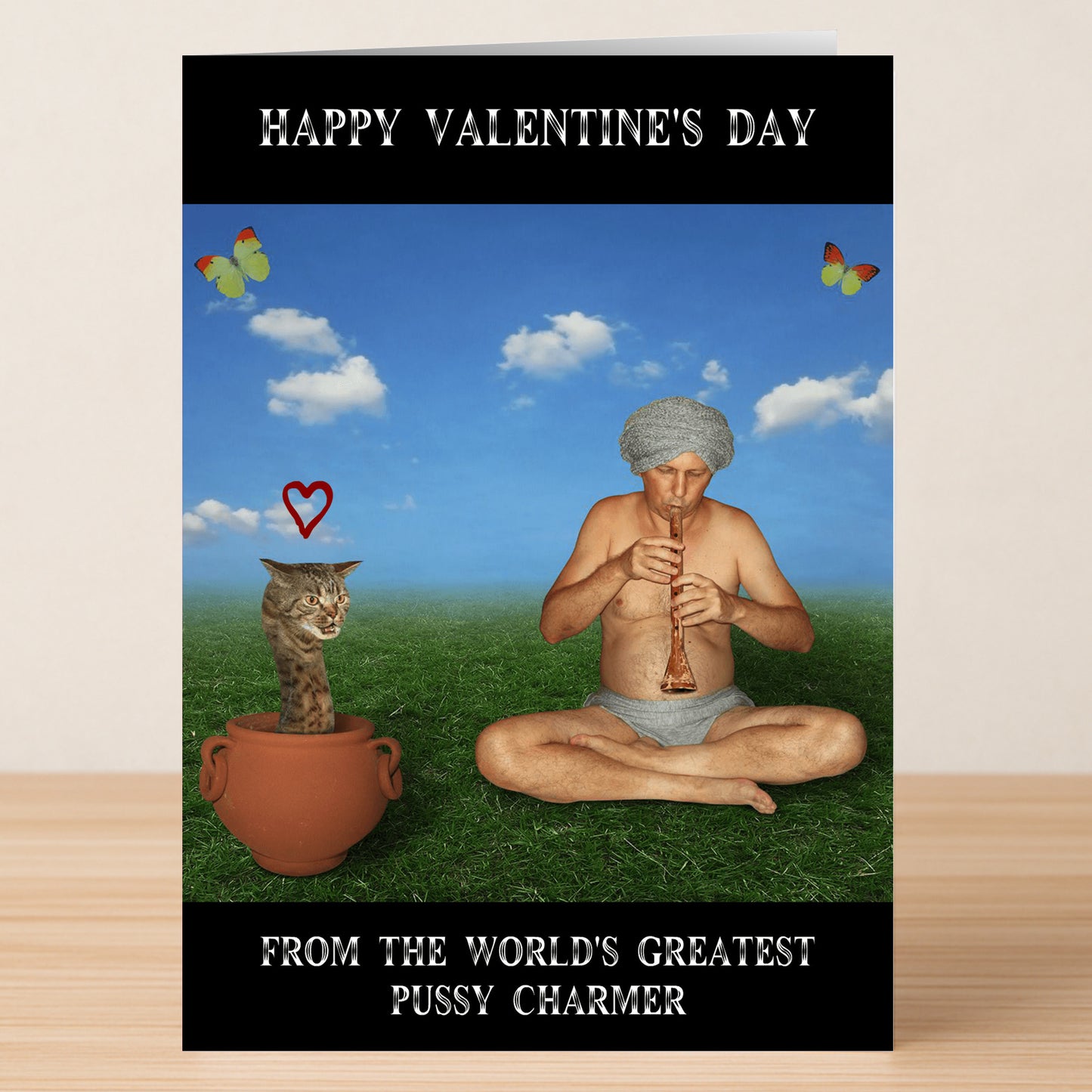 The Charmer Funny Valentine's Card by Twisted Gifts features a man in underwear playing flute to a cat, with the text "Happy Valentine's Day From The World's Greatest Pussy Charmer." A humorous card for someone special!.