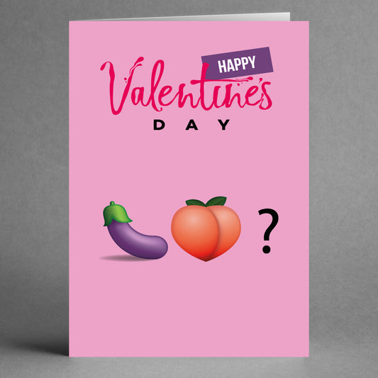 Introducing the Emoji Love Funny Valentine's Card by Twisted Gifts, featuring a humorous design with a pink backdrop. This card displays the words "Happy Valentine's Day" alongside an eggplant emoji, peach emoji, and a question mark, making it a standout choice for the holiday.