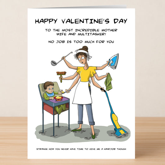The Multitasker Funny Valentine's Card by Twisted Gifts features a cartoon woman with six arms juggling chores and motherhood—an amusing way to celebrate busy wives and moms this Valentine's Day.