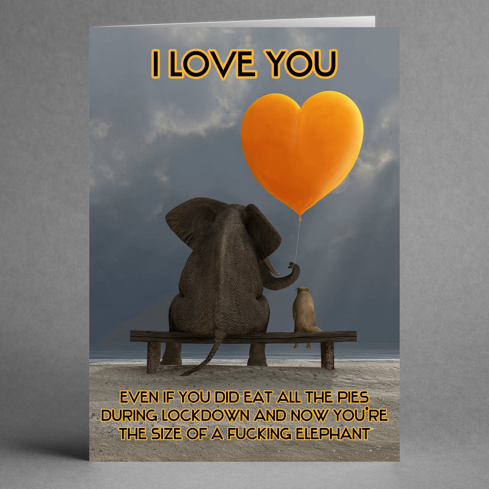 An elephant and a dog sit on a bench, holding an orange heart-shaped balloon. The caption reads: "I love you, even if you did eat all the pies during lockdown and now you're the size of a f*ing elephant." This card is perfect for a funny Valentine's Day gesture. Check out the "All The Pies Funny Valentine's Card" by Twisted Gifts.