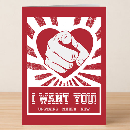 The Naked Now Rude Valentine's Card by Twisted Gifts features a red heart and pointing hand with the bold caption "I WANT YOU! UPSTAIRS NAKED NOW"—a cheeky choice for Valentine’s Day.