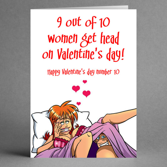 Celebrate Valentine's Day with a touch of humor! The Number 10 Rude Valentine's Card by Twisted Gifts features a cheeky message: "9 out of 10 women get head on Valentine's day! Happy Valentine's day number 10," accompanied by a cartoon couple in bed.