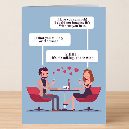 The Wine Funny Greeting Card by Twisted Gifts features a man and woman with wine, sharing a witty love message with floating hearts—ideal for Valentine’s Day.