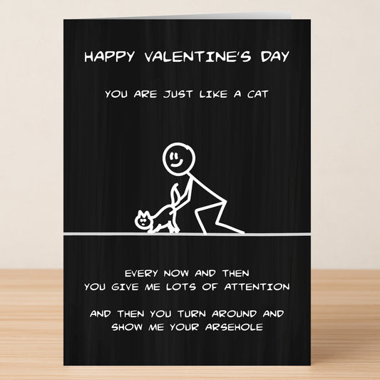 The Twisted Gifts "Like A Cat Rude Valentine's Card" features a stick figure petting a cat and a funny message comparing love to the hilariously rude ways of felines—perfect for sharing feline-inspired laughs!.