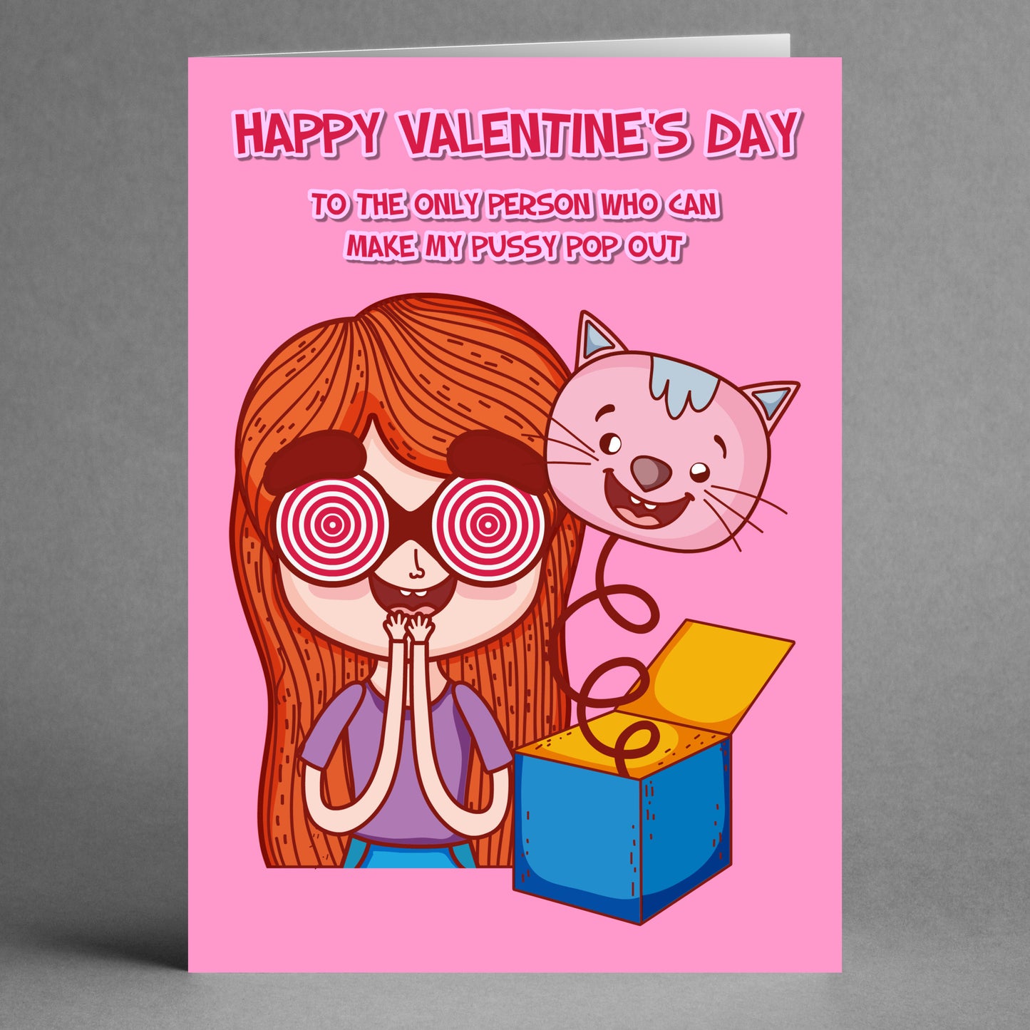 The "Pop Out Funny Valentine's Card" by Twisted Gifts showcases a cartoon person and cat emerging from a box, with the cheeky message: "Happy Valentine's Day to the only person who can make my pussy pop out.