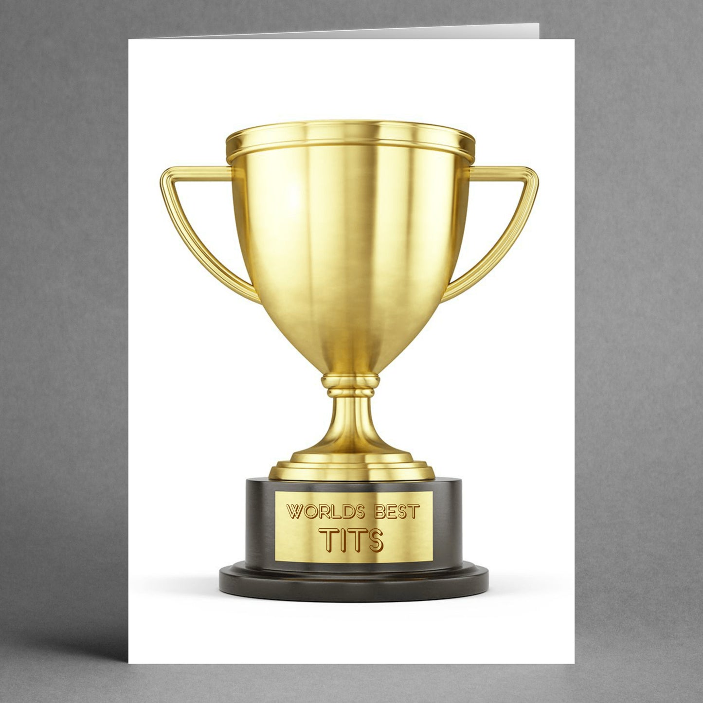 The "Worlds Best Funny Valentine's Card" by Twisted Gifts features a golden trophy with handles on both sides, labeled "World's Best Tits," set on a black base. The white background enhances its cheeky charm, making it an ideal choice for those with a sense of humor.