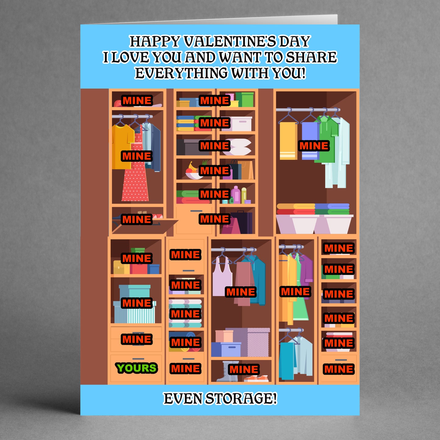 The Storage Funny Valentine's Card by Twisted Gifts showcases a quirky design of a closet overflowing with clothes labeled "MINE," humorously reserving just a small section marked "YOURS," cleverly spotlighting the art of love and sharing.