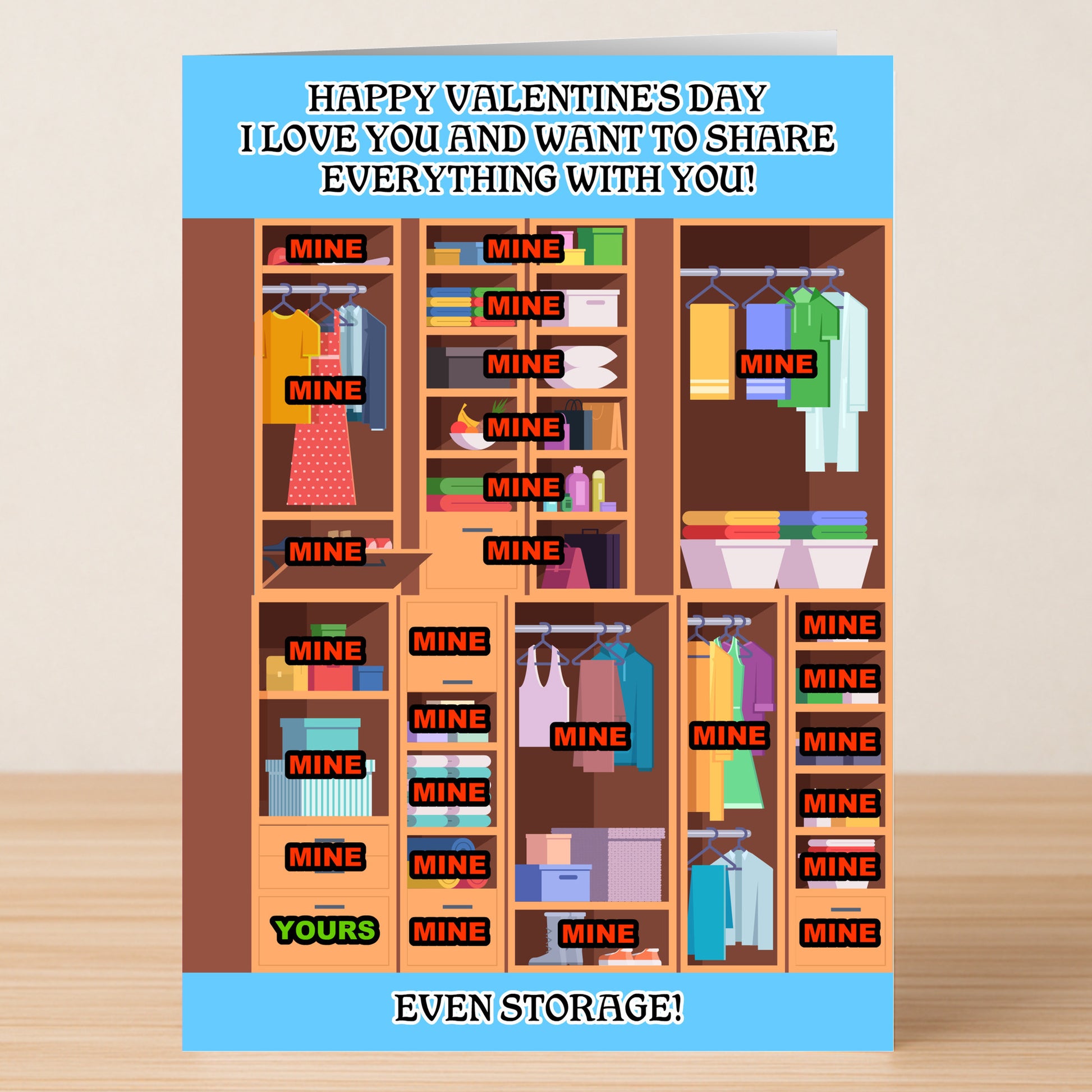 The Storage Funny Valentine’s Card by Twisted Gifts features a quirky closet labeled "MINE" and "YOURS," with the caption, "I love you and want to share everything with you! Even storage!" Perfect hilarious card for your Valentine.