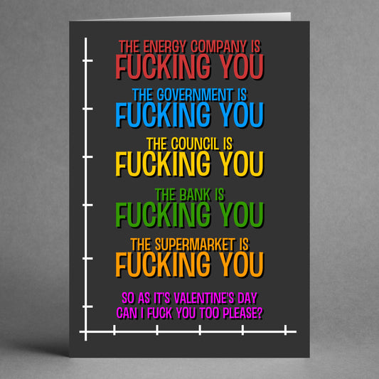 Introducing the Energy Company Funny Valentine's Card by Twisted Gifts, this whimsical greeting card features vibrant bold text humorously venting frustration at various institutions, including an energy company. It concludes with a charming Valentine's Day request, making it ideal for those who appreciate a playful spin on classic expressions!