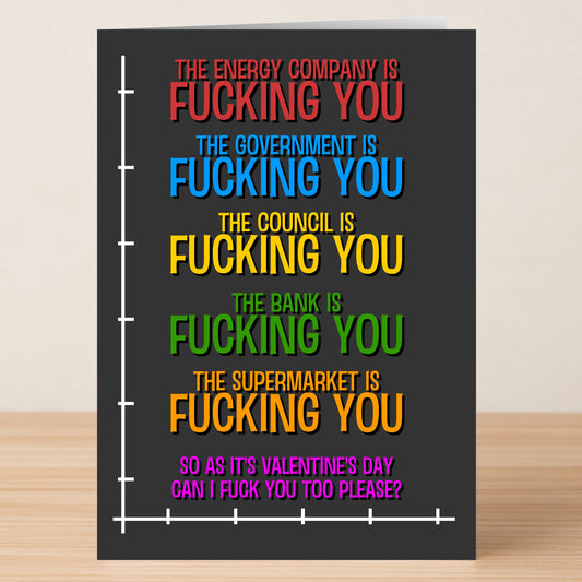 The Twisted Gifts Energy Company Funny Valentine's Card features bold, colorful text listing companies with “is fucking you,” ending with a pink Valentine’s message—perfect for anyone who loves humor and sarcasm.