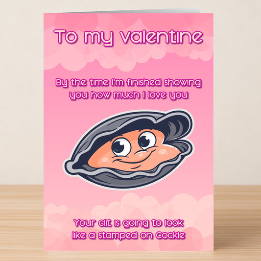 The Cockle Funny Valentine's Card by Twisted Gifts features a pink cover with a cartoon clam and witty love text, plus a stamped-on cockle—making it a playful Valentine’s Day greeting card.