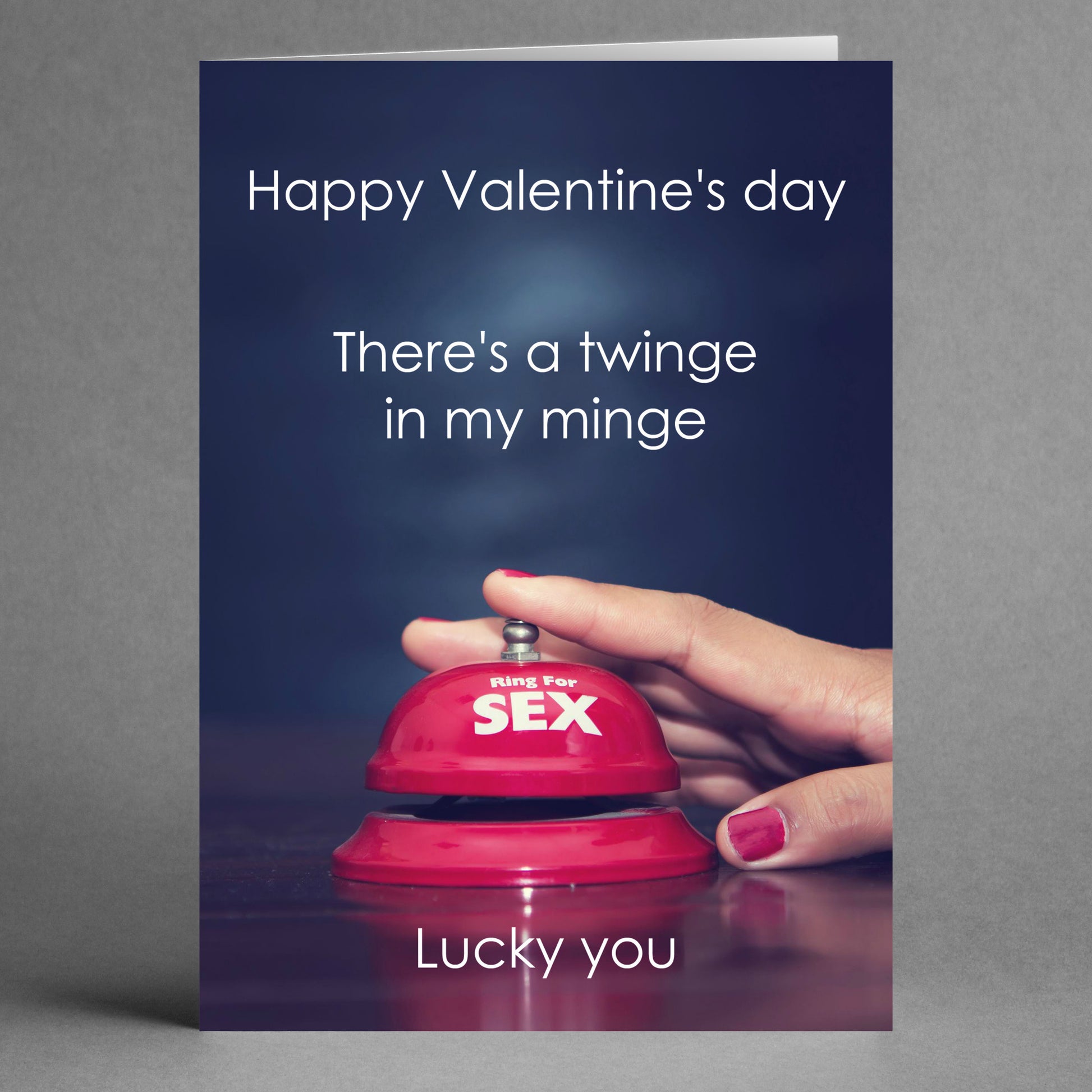 This Valentine's Day card from Twisted Gifts, called the Minge Funny Greeting Card, boasts a humorous design featuring a red bell labeled "Ring for Sex." It's sure to deliver a cheeky message that will bring a smile and is perfect for keeping the mood light and playful.