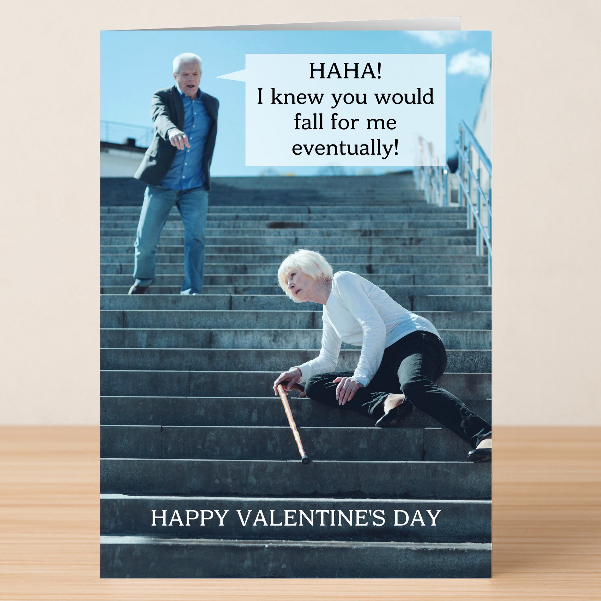 Give them a laugh with the Fall Eventually Funny Valentines Card by Twisted Gifts—a unique card showing a man jokingly saying, "HAHA! I knew you would fall for me eventually!" to his partner. Perfect for Valentine’s Day!.