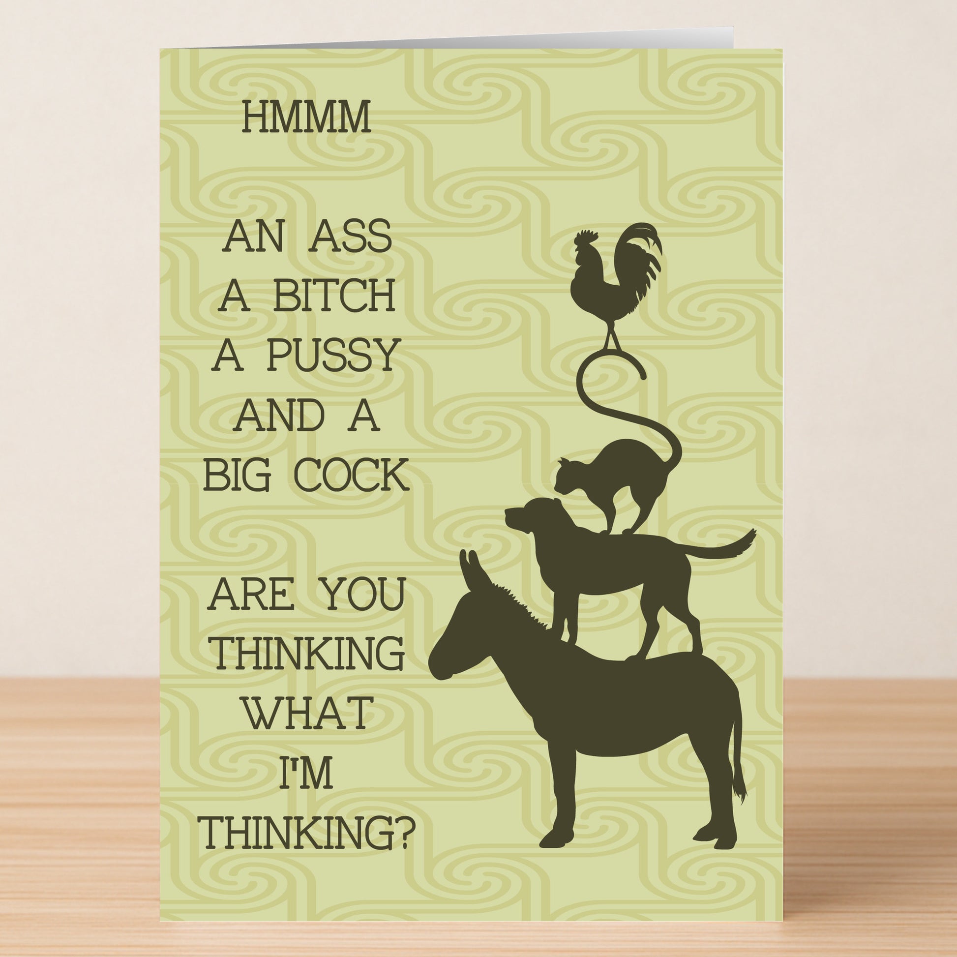 The Hmmm Rude Valentines Card by Twisted Gifts features quirky silhouettes of a rooster, cat, dog, and donkey with witty double-meaning names and the funny message, "Are you thinking what I'm thinking?"—perfect for Valentine's Day.
