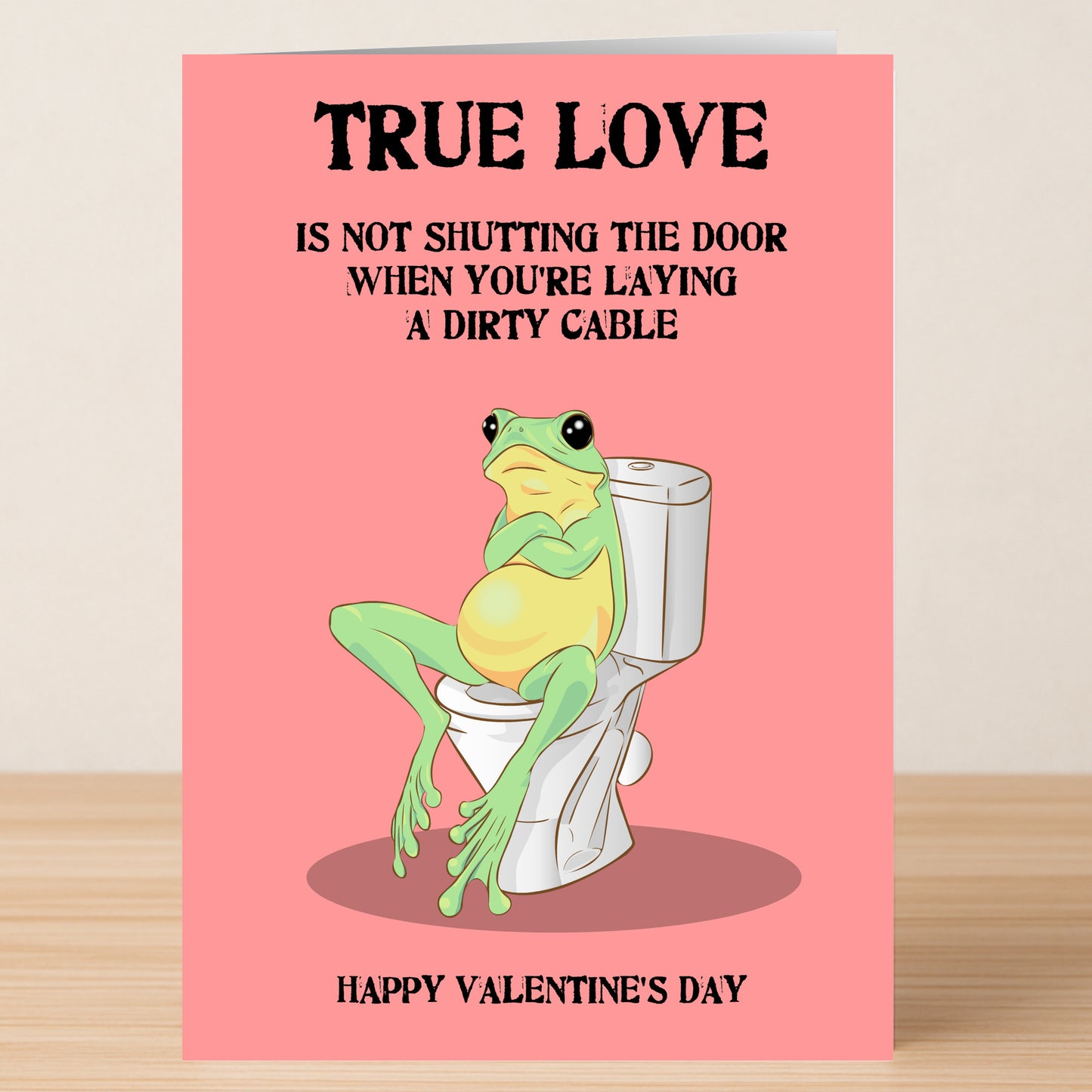 The Dirty Cable Valentines Card by Twisted Gifts features a cartoon frog on a toilet with the message: "TRUE LOVE is not shutting the door when you're laying a dirty cable. Happy Valentine's Day.
