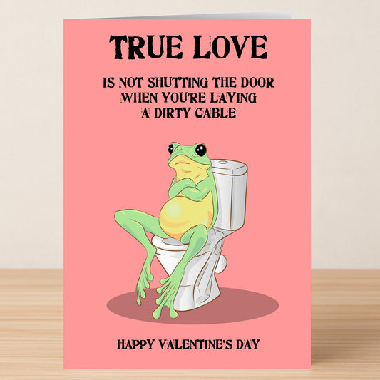 The Dirty Cable Valentines Card by Twisted Gifts features a cartoon frog on a toilet with the message: "TRUE LOVE is not shutting the door when you're laying a dirty cable. Happy Valentine's Day.
