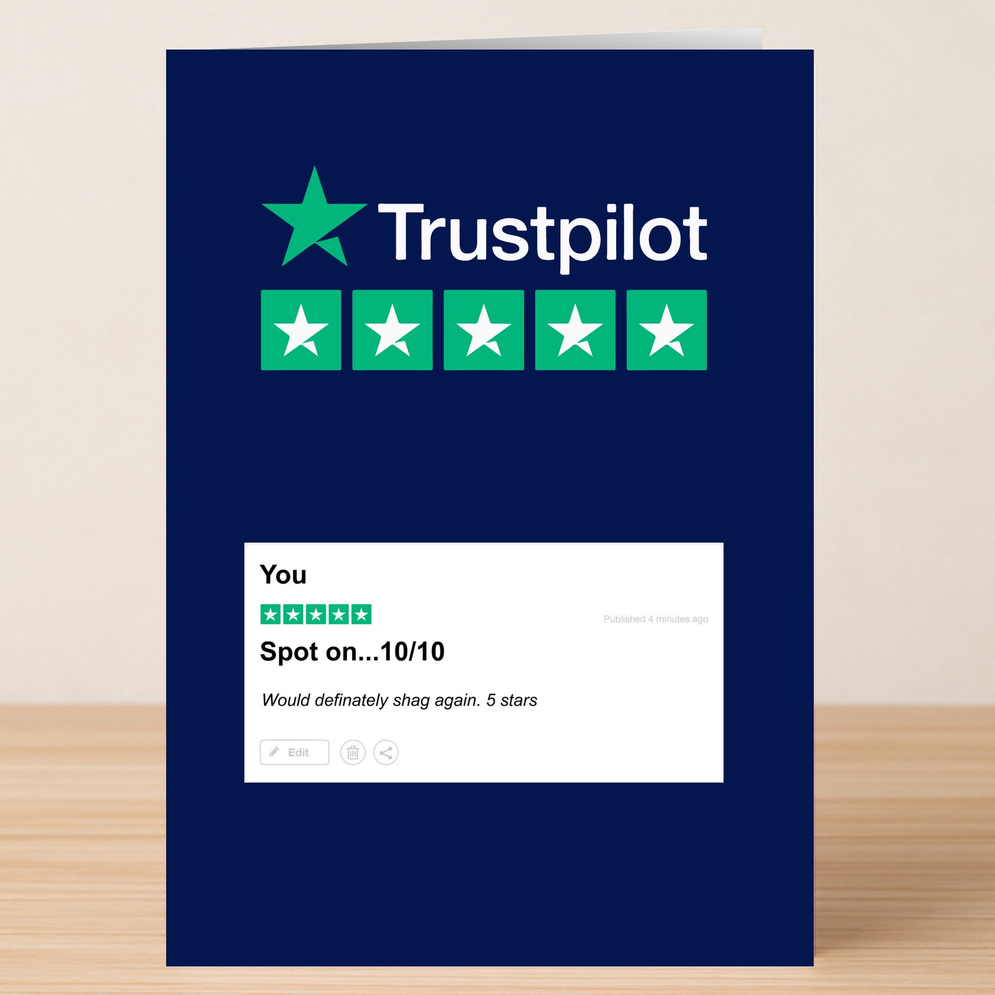 The Trust Pilot You Valentines Card by Twisted Gifts features a playful mock review, five stars, and the iconic Trustpilot logo—perfect for a cheeky Valentine's gesture!.