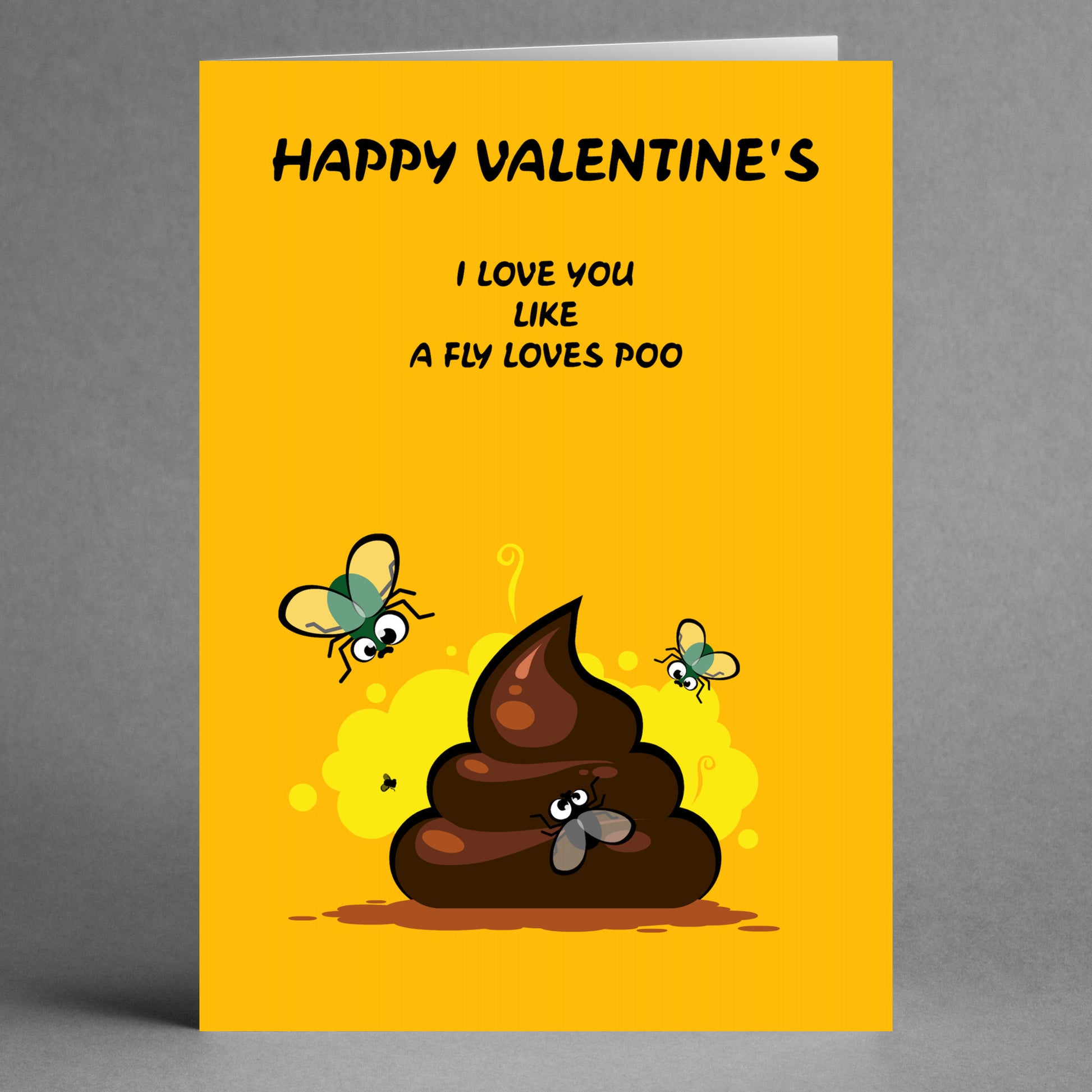 Introducing the "Love Like Poo Insulting Valentine's Card" by Twisted Gifts: A whimsical and amusing Valentine's card that showcases cartoon flies buzzing around a pile of poop, with the cheeky message, "Happy Valentine's. I love you like a fly loves poo." It's perfect for those looking for an unconventional and humorous twist on traditional Valentine’s greetings.