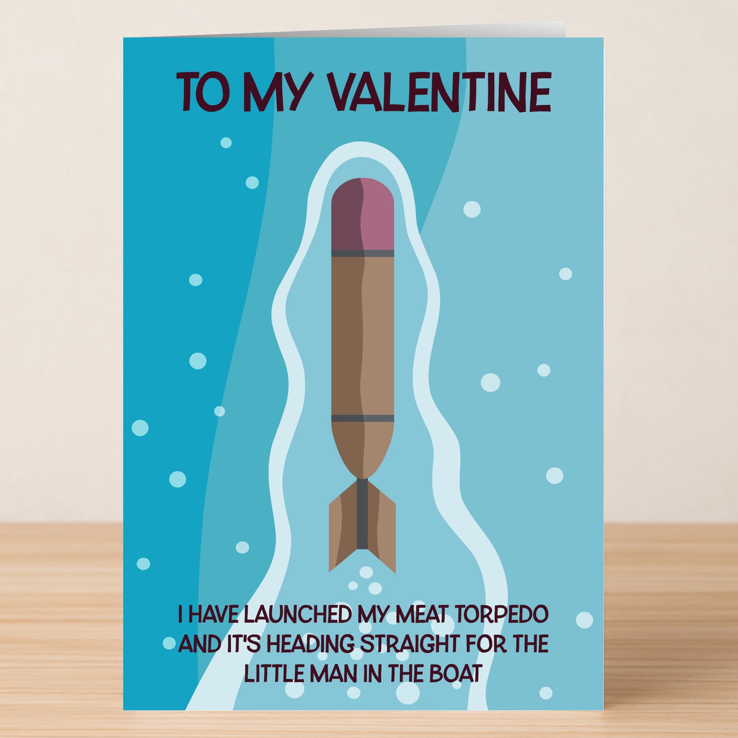 The Meat Torpedo Rude Valentine's Card by Twisted Gifts features a playful torpedo design and a cheeky message—perfect for an unforgettable Valentine's surprise!.
