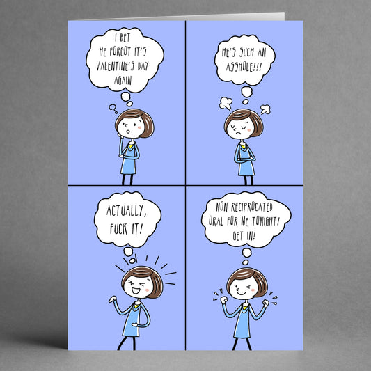 A four-panel comic depicts a character grumbling about Valentine's Day, raising an eyebrow as they look at the "He Forgot Rude Valentine's Card" by Twisted Gifts. In the final panel, their excitement peaks upon realizing the card promises something unexpectedly special: oral sex.