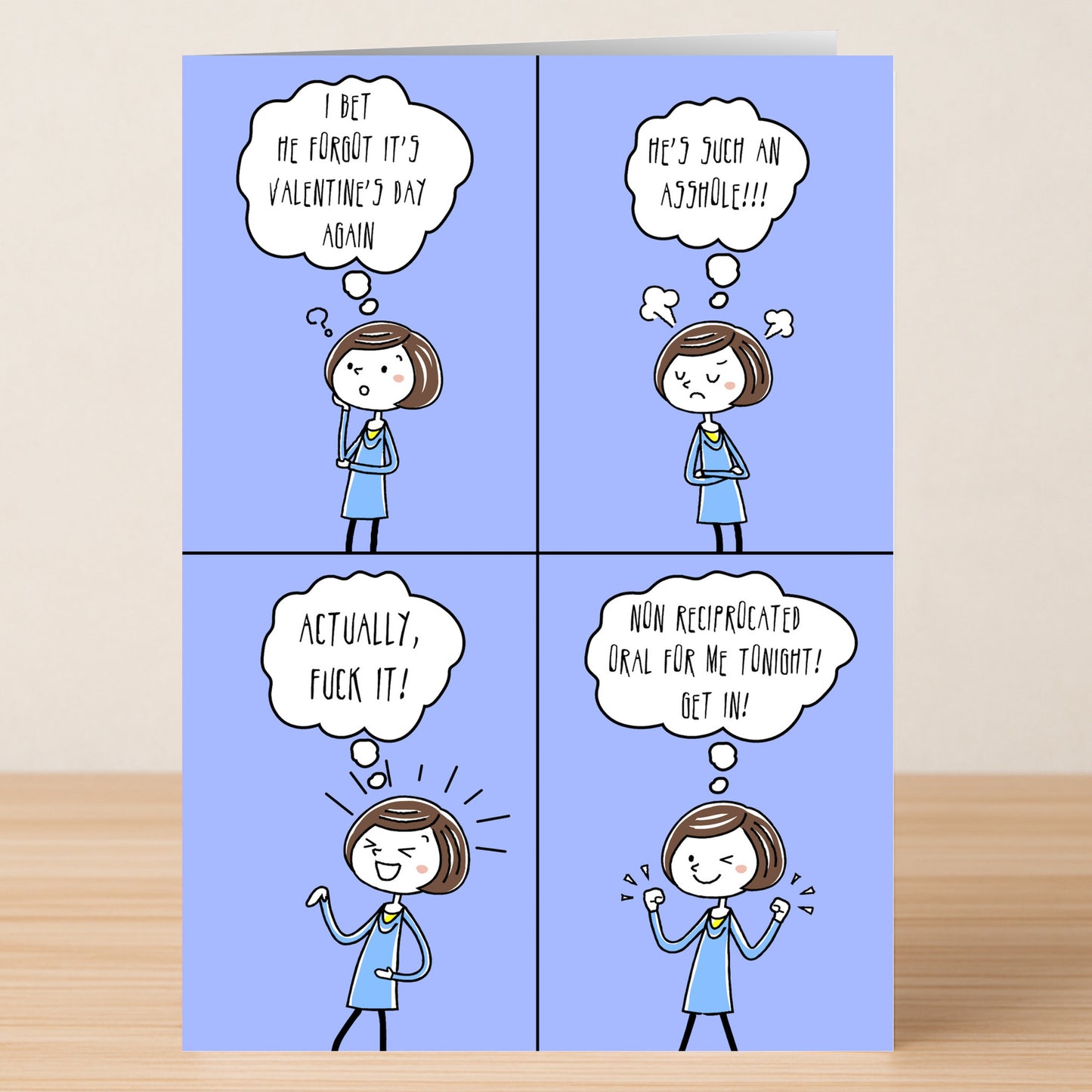 A four-panel cartoon of a woman reacting to Valentine’s Day—frustration, anger, defiance, then excitement—just like the journey of reading Twisted Gifts' "He Forgot Rude Valentine's Card.