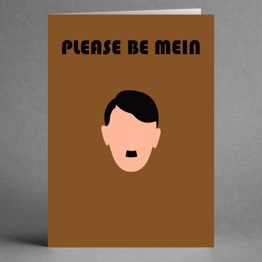 The "Be Mein Funny Valentine's Card" by Twisted Gifts showcases a fun design with a brown background and a stylized illustration of a person's face and hair. It includes the playful text "PLEASE BE MEIN" above, offering a clever pun that is sure to evoke smiles.