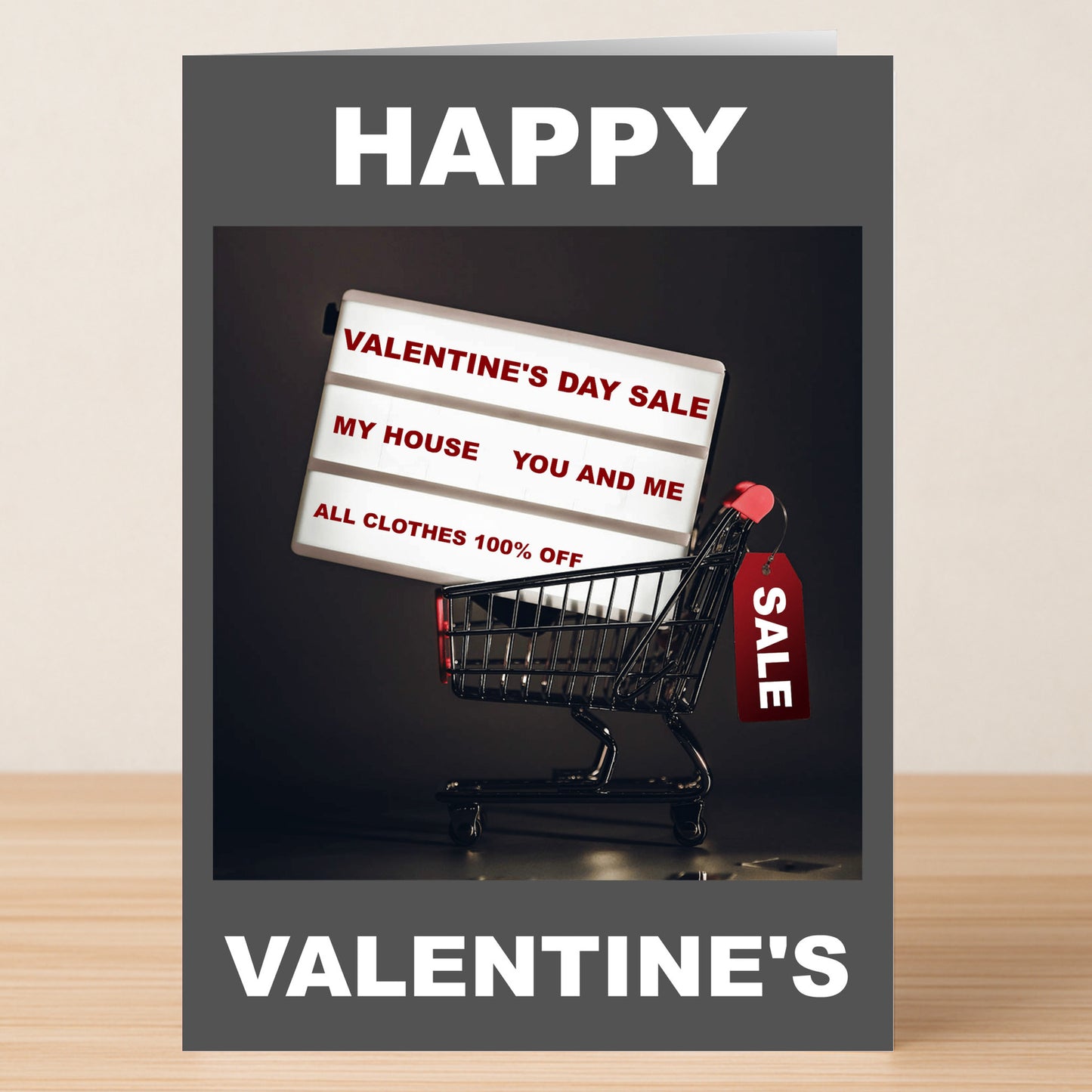 The Sale Funny Valentine's Card by Twisted Gifts features a shopping cart, sale tag, and bold "HAPPY VALENTINE'S" text—a humorous greeting card perfect for Valentine's Day.