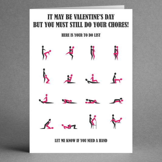 The "Chores Rude Valentine's Card" by Twisted Gifts is perfect for those with a playful sense of humor, featuring stick figures in amusing poses and cheeky text about chores.