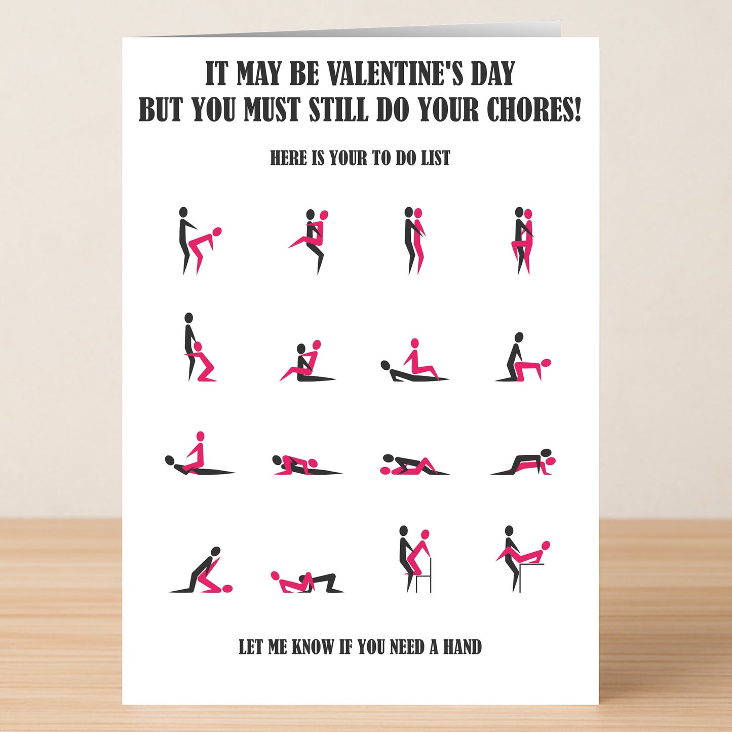 The Chores Rude Valentine’s Card by Twisted Gifts features stick figures in funny positions, witty Valentine’s Day and chores humor, and a helpful note—perfect for anyone who loves a cheeky laugh.