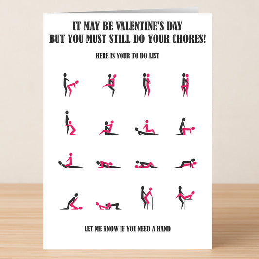 The Chores Rude Valentine’s Card by Twisted Gifts features stick figures in funny positions, witty Valentine’s Day and chores humor, and a helpful note—perfect for anyone who loves a cheeky laugh.