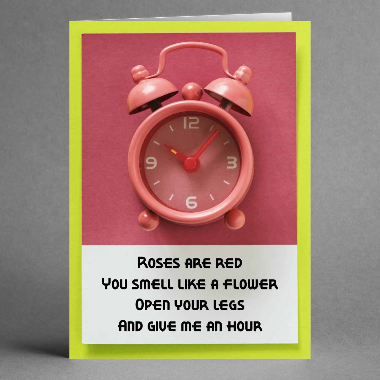 This cheeky Valentine's Day card from Twisted Gifts, called the "Give Me An Hour Rude Valentine's Card," showcases a red alarm clock on a pink background and includes a humorous message that’s guaranteed to bring laughter. It's perfect for someone who enjoys a playful twist!