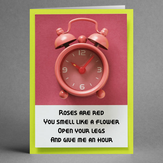 This cheeky Valentine's Day card from Twisted Gifts, called the "Give Me An Hour Rude Valentine's Card," showcases a red alarm clock on a pink background and includes a humorous message that’s guaranteed to bring laughter. It's perfect for someone who enjoys a playful twist!